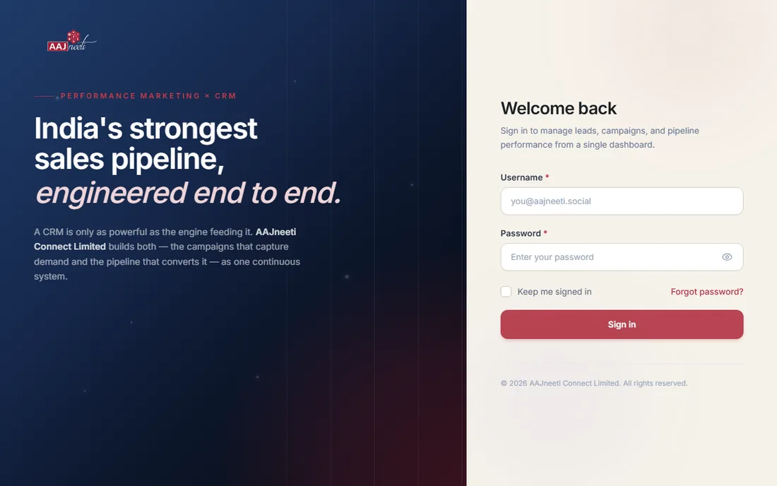 Screenshot of the AAJneeti CRM sign-in page
